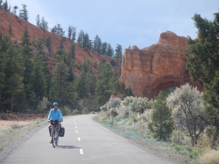 Ruth climbing the cycle track up Red Canyon