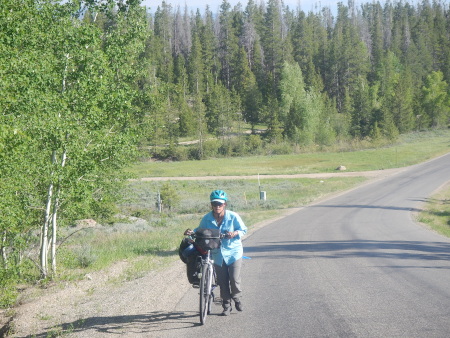 Ruth pushing up a steep section of road in the national forest as Rob photographs calmly