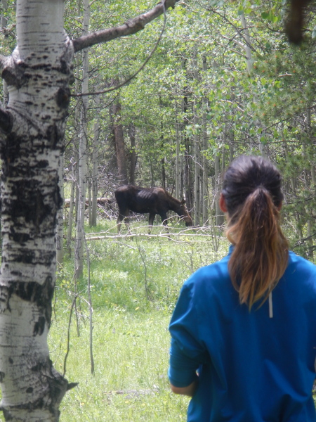 Ruth enjoying some time with Mr Moose in the woods