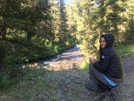 Ruth having a morning coffee by the river