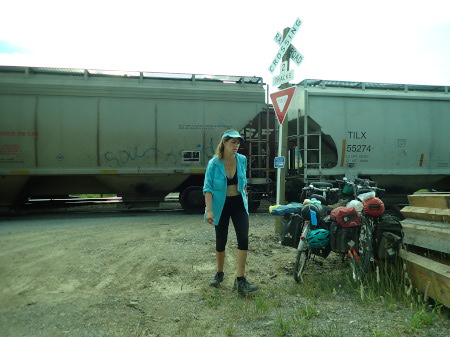 Ruth having a bad time as a train blocks our way on the level crossing