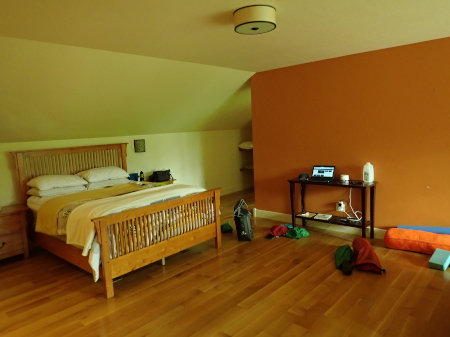 A bed for the night in Terry and Andy's house with our stuff scattered around