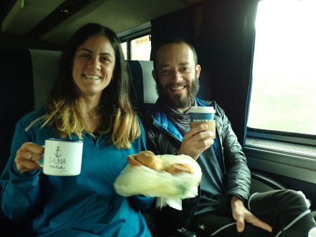 Ruth and Leandro on the train tucking into some breakfast made by Terry