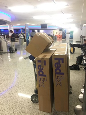 The bikes boxed up in the airport