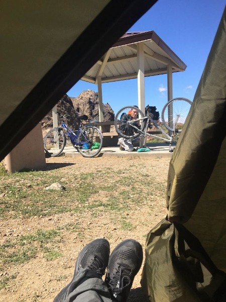 Rob fixing bikes at Sawtooth Canyon Campground