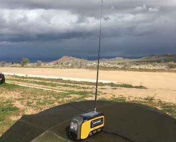The radio on our tent looking out on dark clouds