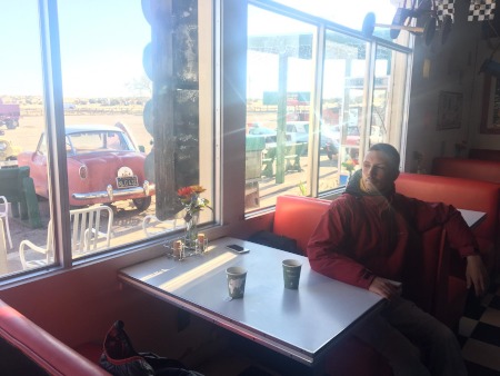 Rob enjoying some wifi at breakfast time in the Grand Canyon Caverns