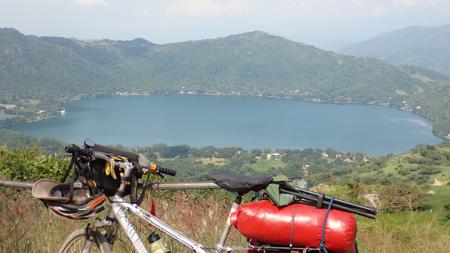 Rob's bikes at the lookout with the lagoon of Santa María del Oro in the background