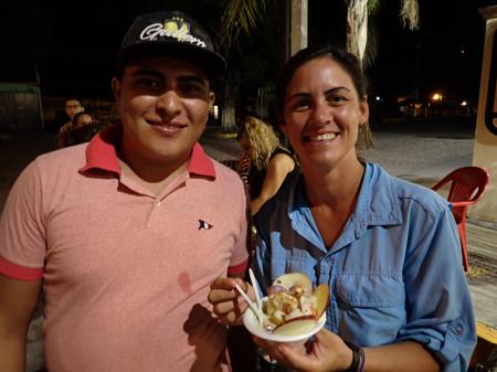 Ruth and Miguel with the desert that Miguel's Mum had given to us as a gift