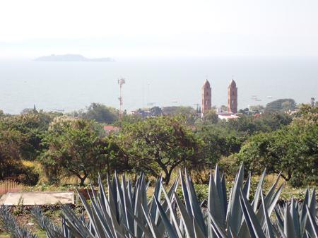 Views over lake Chapala, agave in the foreground and the church of a town near the lake shore