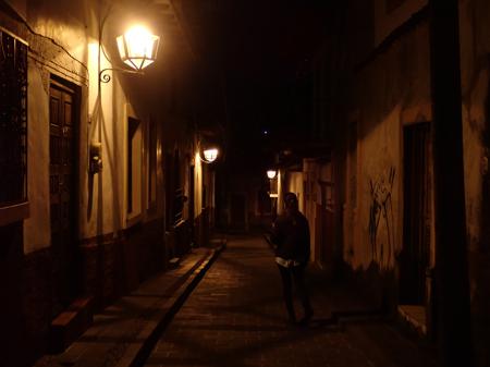 Ruth walking down one of Pátzcuaro's beautiful alleyways late in the evening
