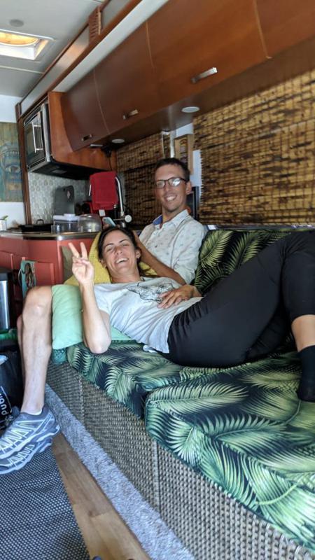 A very comfortable Ruth and Rob sat on the sofa in the caravan before leaving